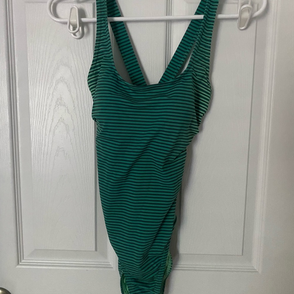 Lands' End Green Striped One Piece Swimsuit